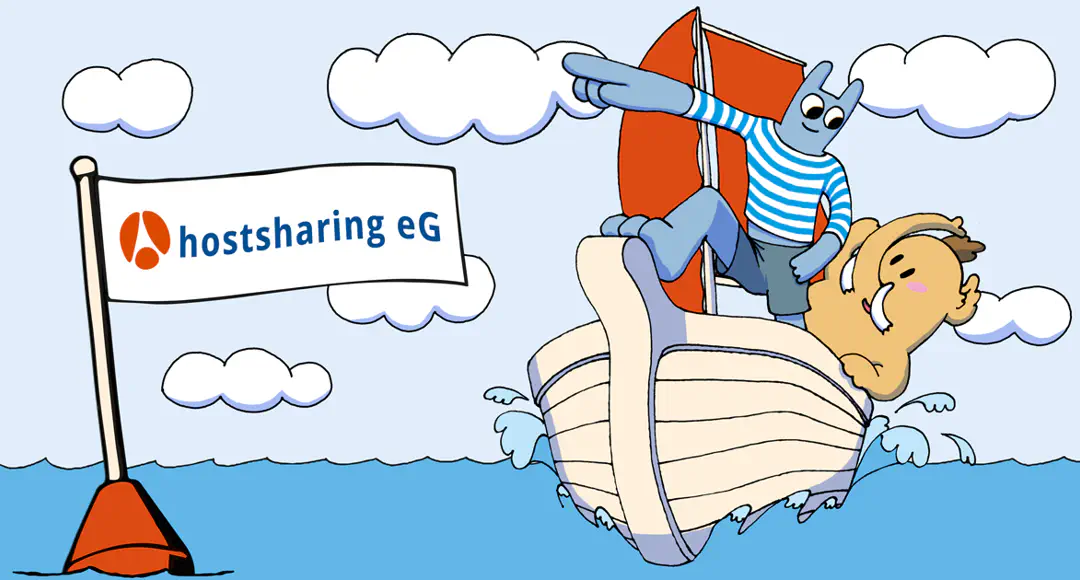 Die Maskottchen von Hostsharing und Mastodon in einem Boot