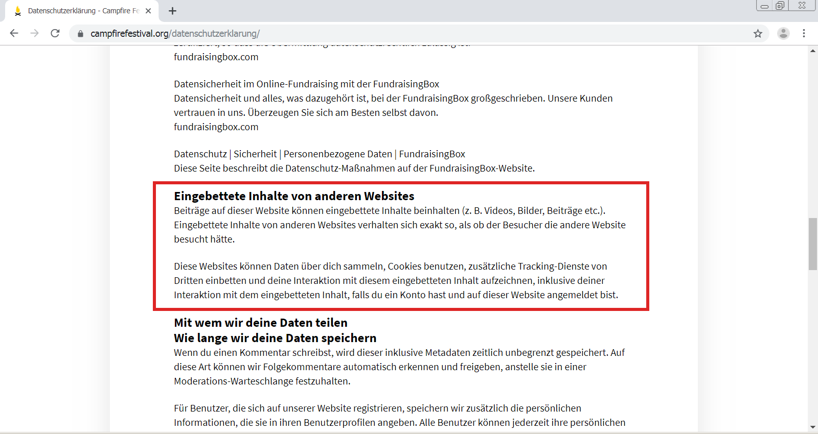Screenshot: Ein Textbereich ist rot umrandet