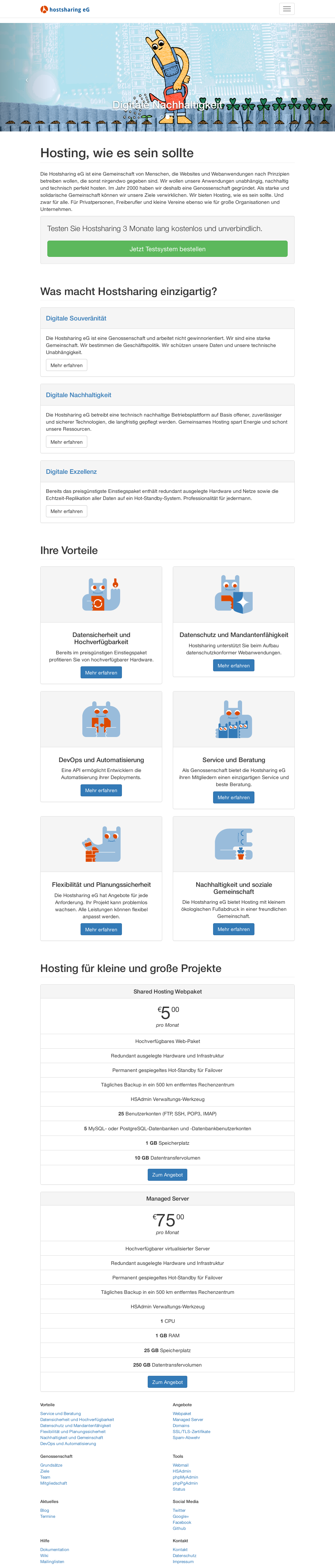 Screenshot einer Website. Oben ein breites Bild mit einem gezeichneten Maskottchen, das Blumen gießt. Weiter unten folgen Teaser-Elemente mit Icons, die alle Variationen des Maskottchens darstellen.