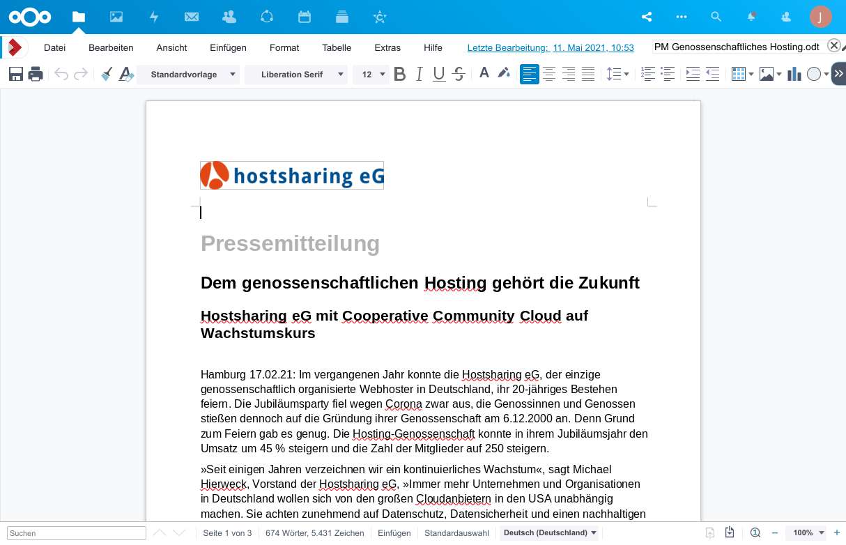 Screenshot von Nextcloud mit Collabora Office, der eine Pressemeldung der Hostsharing eG enthält.