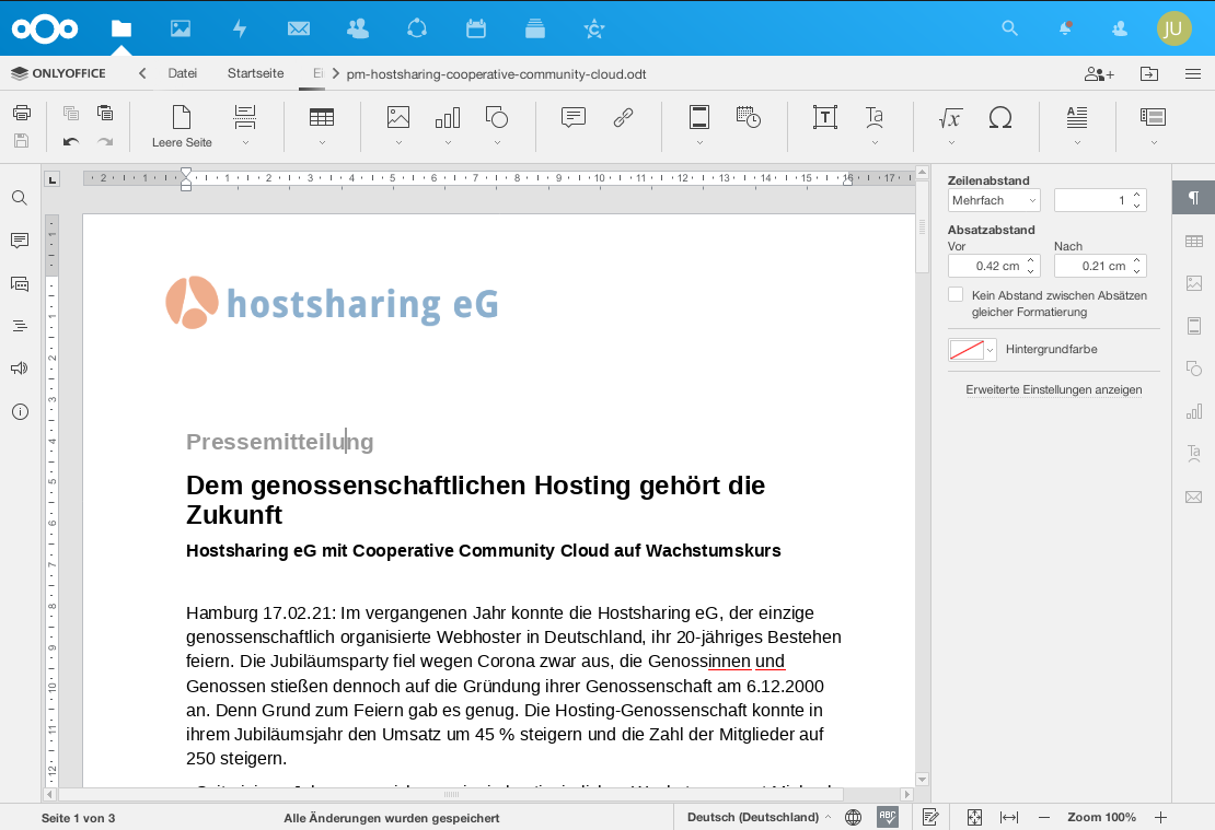 Screenshot von Nextcloud mit OnlyOffice. Es wird die gleiche Pressemeldung gezeigt.