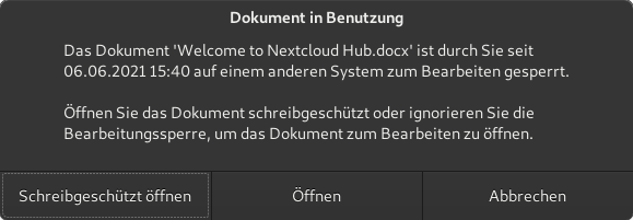 Ein Bedienmenü, das davor warnt das Dokument zu öffnen, weil es auf einem anderen System in Benutzung ist.