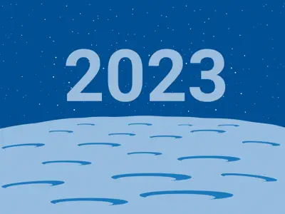 Die Zahl 2023 schwebt über der Oberfläche eines mit Kratern übersäten Planeten.