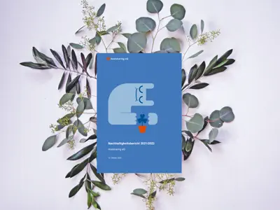 Der Nachhaltigkeitsbericht liegt auf fein arrangierten Blättern. Das Cover zeigt das Hostsharing-Maskottchen, das sich schützend über eine Blume beugt.