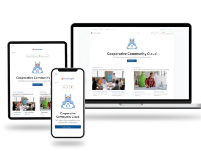 Die Website der Hostsharing eG auf drei Bildschirmen, auf einem Notebook, einem Tablet und einem Smartphone