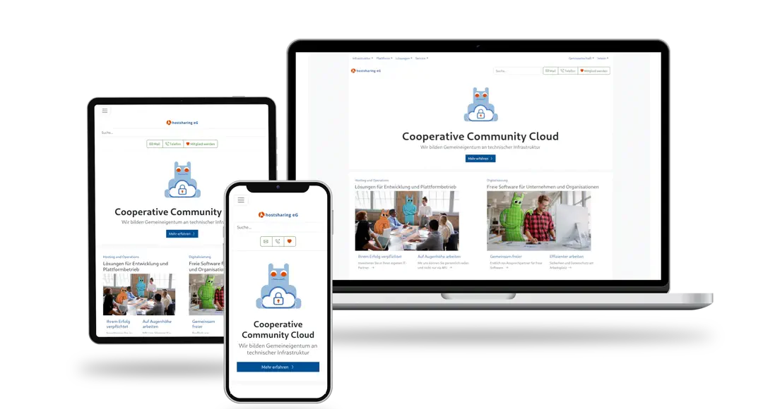 Die Website der Hostsharing eG auf drei Bildschirmen, auf einem Notebook, einem Tablet und einem Smartphone
