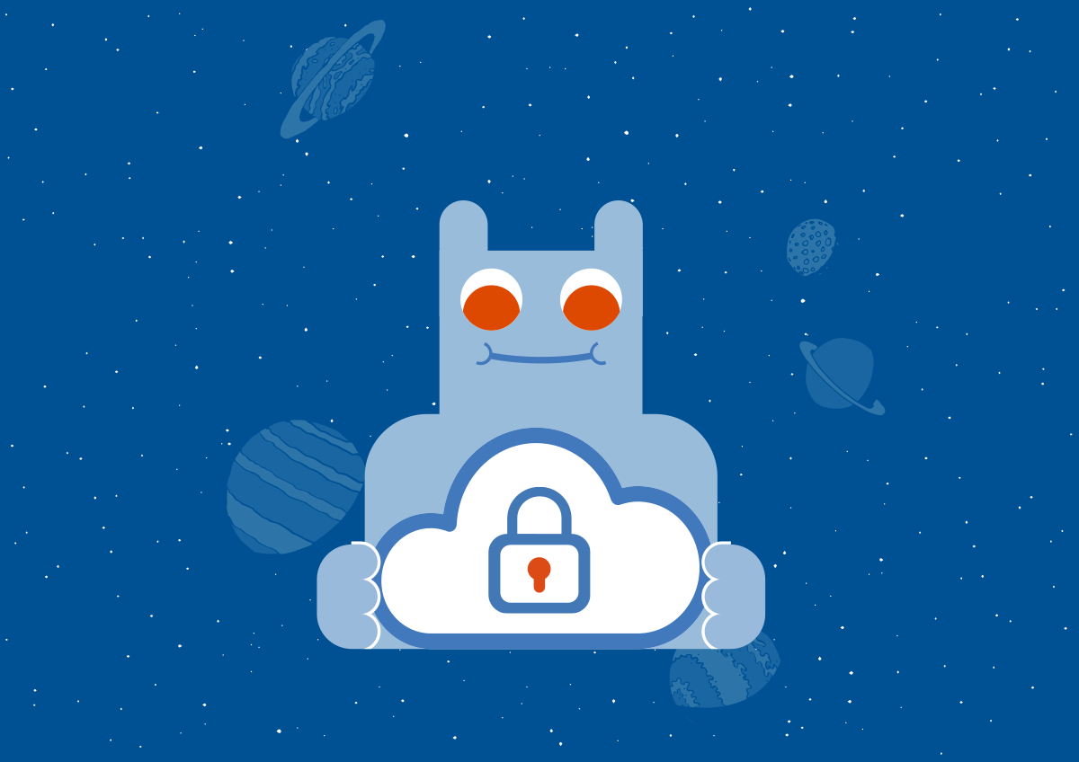 Das Maskottchen-Icon hält eine sicher verschlossene Wolke in den Händen, im Hintergrund der Weltraum.