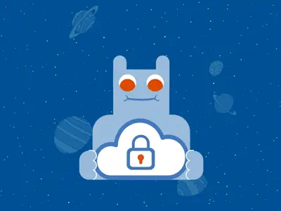 Das Maskottchen-Icon hält eine sicher verschlossene Wolke in den Händen, im Hintergrund der Weltraum.