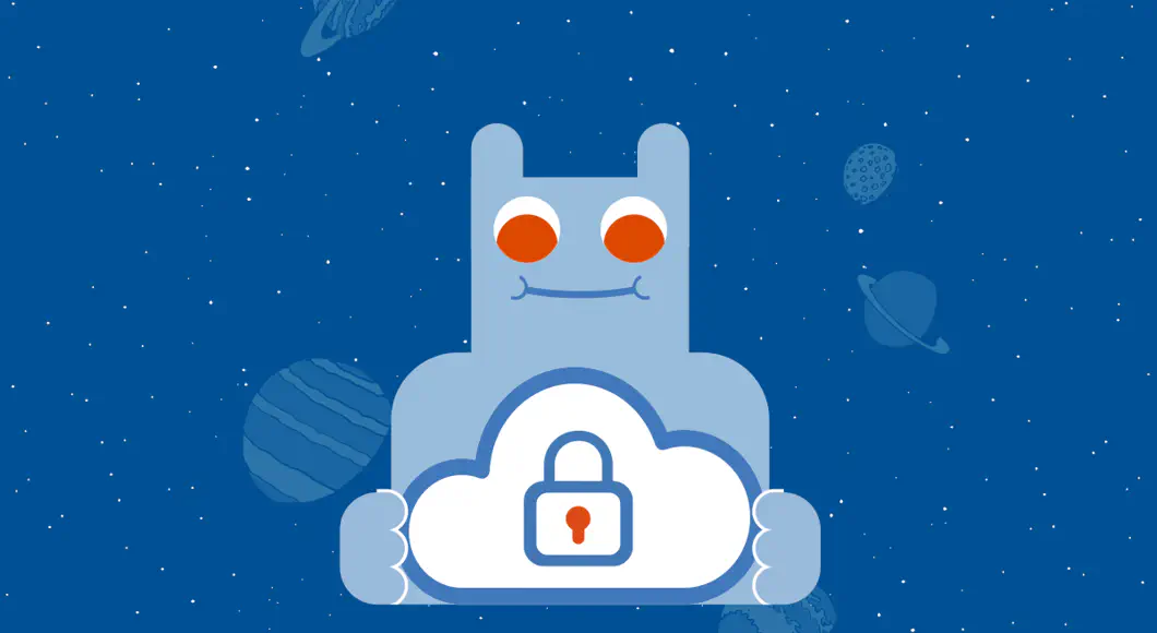 Das Maskottchen-Icon hält eine sicher verschlossene Wolke in den Händen, im Hintergrund der Weltraum.