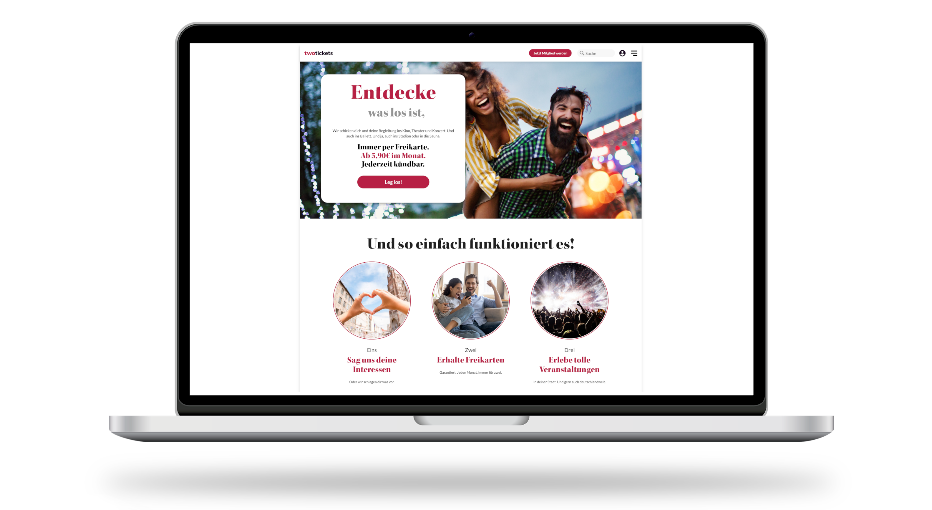Die Website von Twotickets auf dem Monitor eines Notebooks.