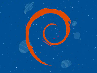Das Debian-Logo schwebt in einem blauen Weltall.