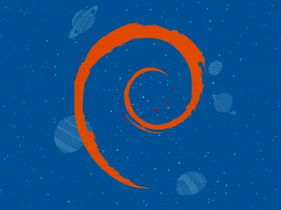 Das Debian-Logo schwebt in einem blauen Weltall.