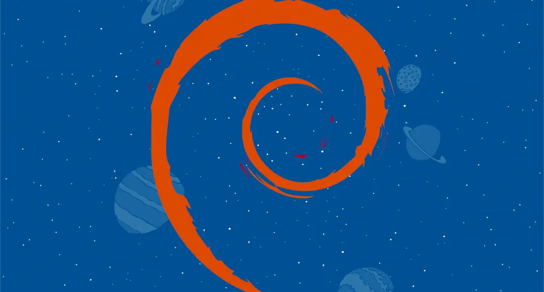Das Debian-Logo schwebt in einem blauen Weltall.