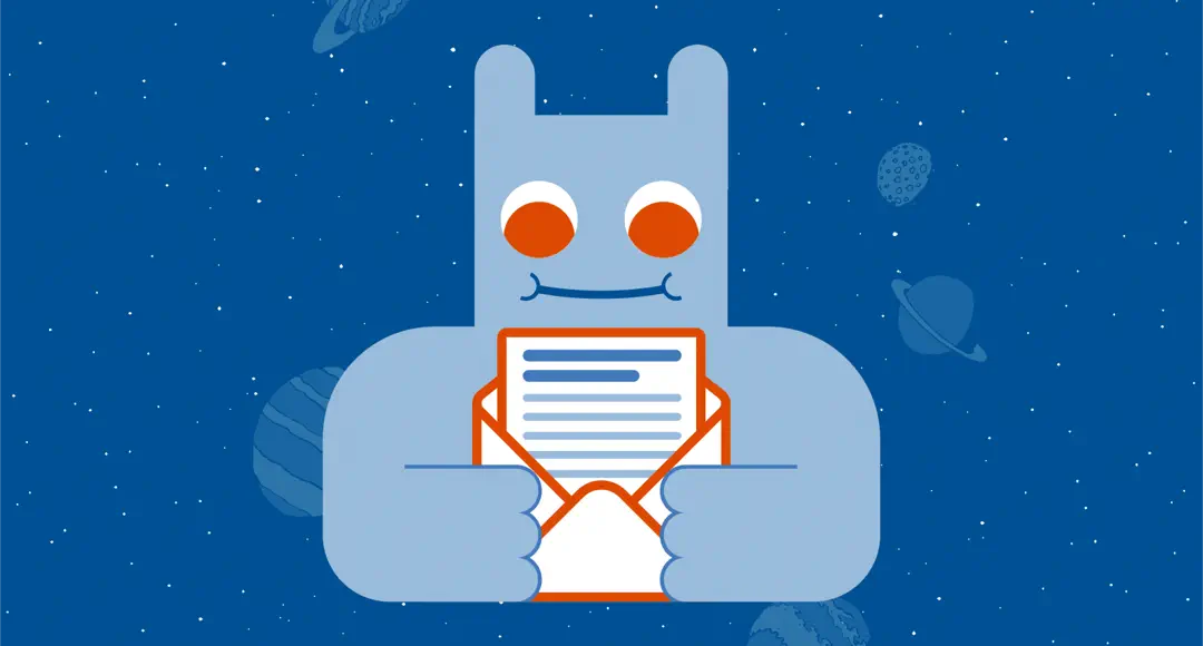 Das Hostsharing-Maskott schwebt im Weltall und öffnet einen Brief.