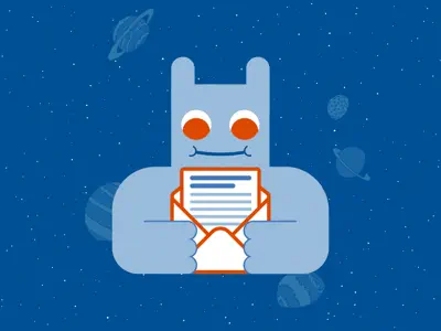 Das Hostsharing-Maskott schwebt im Weltall und öffnet einen Brief.