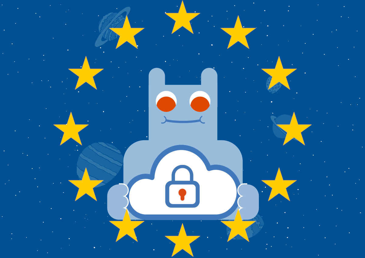 Hostsharing-Maskottchen hält eine Cloud mit Vorhängeschloss in der Hand.