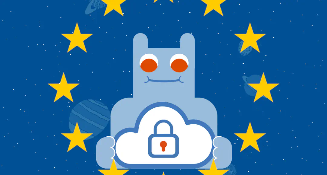 Alternative für kleine und mittelständische Unternehmen: die Cooperative Community Cloud Hostsharing-Maskottchen hält eine Cloud mit Vorhängeschloss in der Hand.