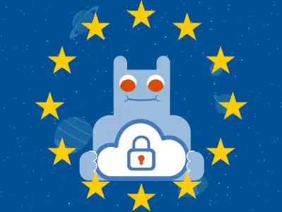 Hostsharing-Maskottchen hält eine Cloud mit Vorhängeschloss in der Hand.