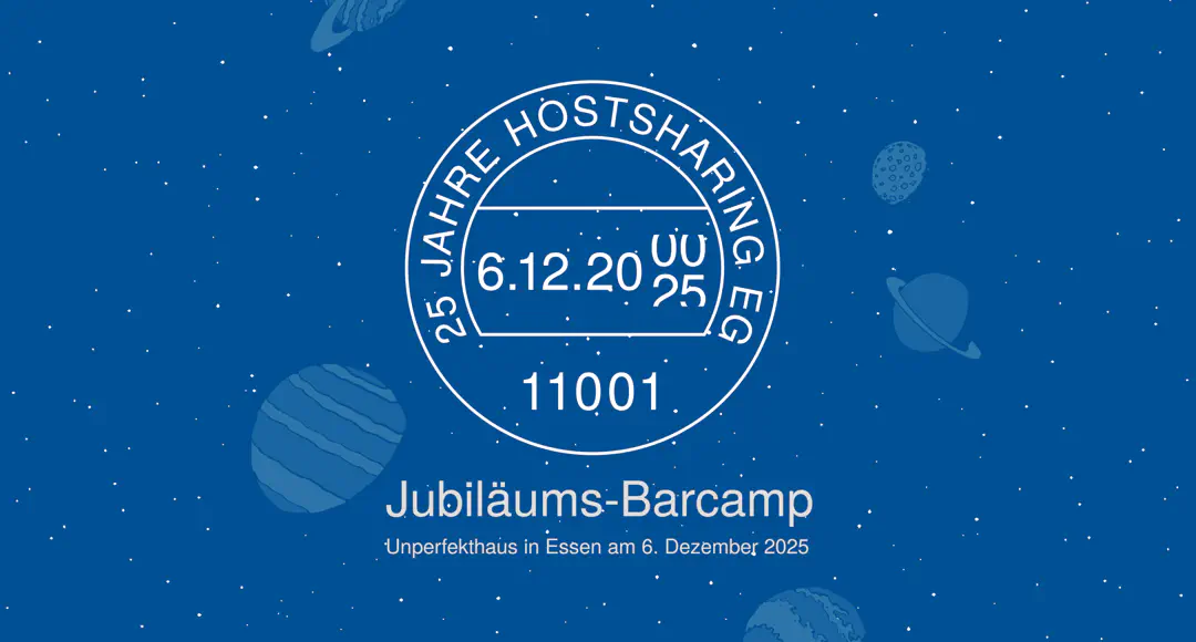 Der Jubiläumsstempel im Weltall, darunter die Schrift Jubiläums-Barcamp.
