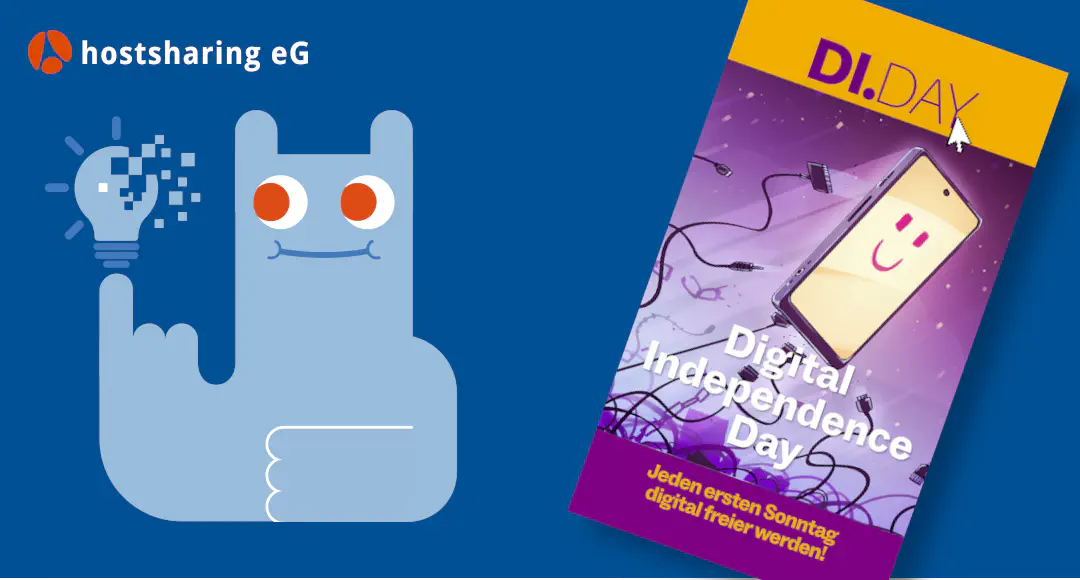 Auf blauem Hintergrund ist ein Hostsharing Icon und eine Grafik für den Digital Independence Day zu sehen.