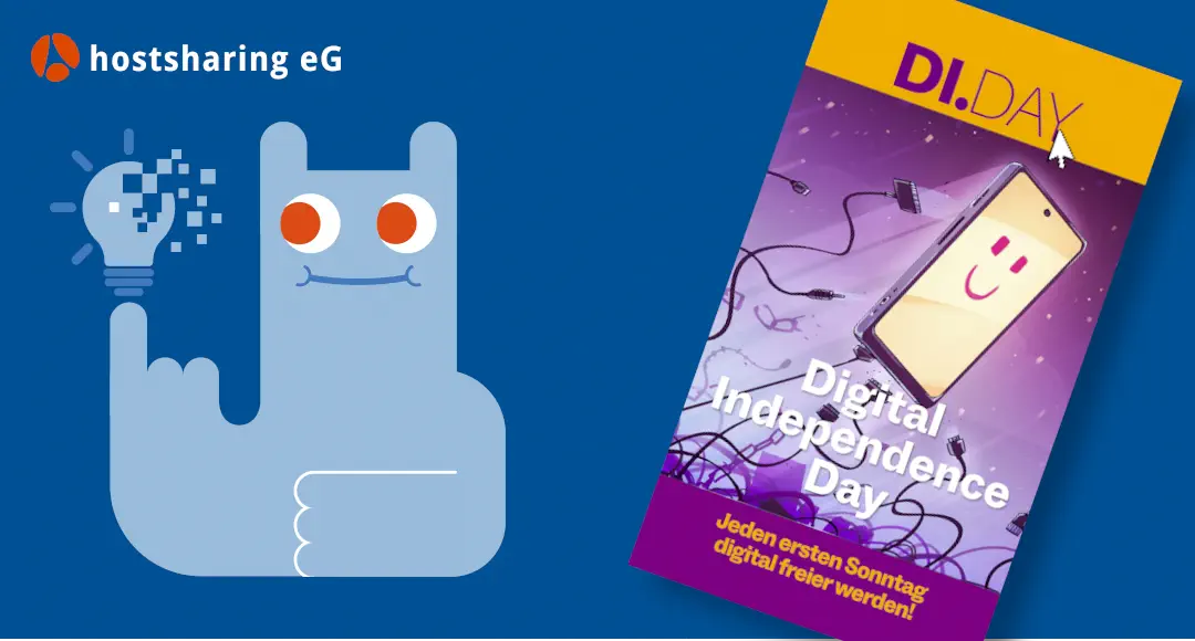 Auf blauem Hintergrund ist ein Hostsharing Icon und eine Grafik für den Digital Independence Day zu sehen.
