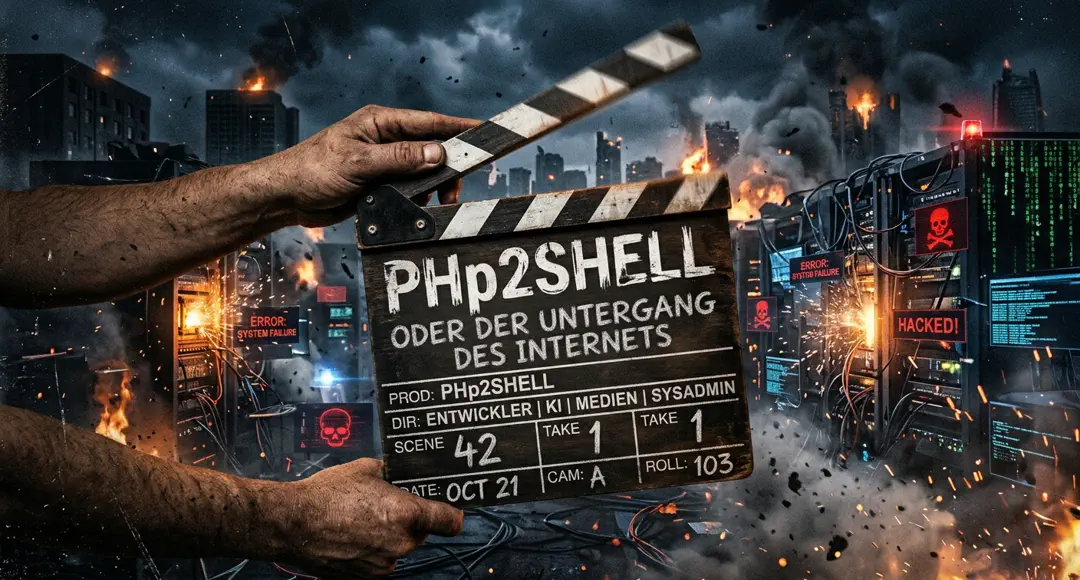 Vor einer dystopischen Kulise mit gehackten Servern fällt eine Filmklappe zu. Der Titel des Films: php2shell oder der Untergang des Internets