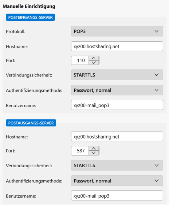Screenshot des Menüs “Manuelle Einrichtung” in Thunderbird