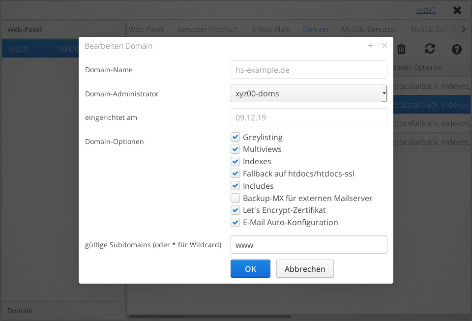 Das Bearbeitungsformular einer Domain