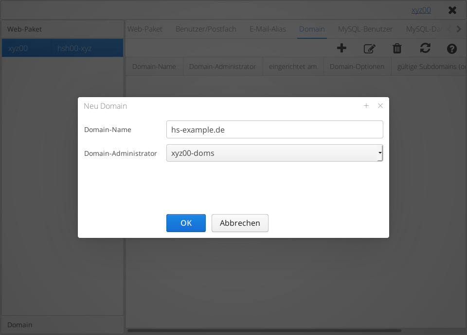 Das Menü zur Aufschaltung einer Domain bei Hostsharing.