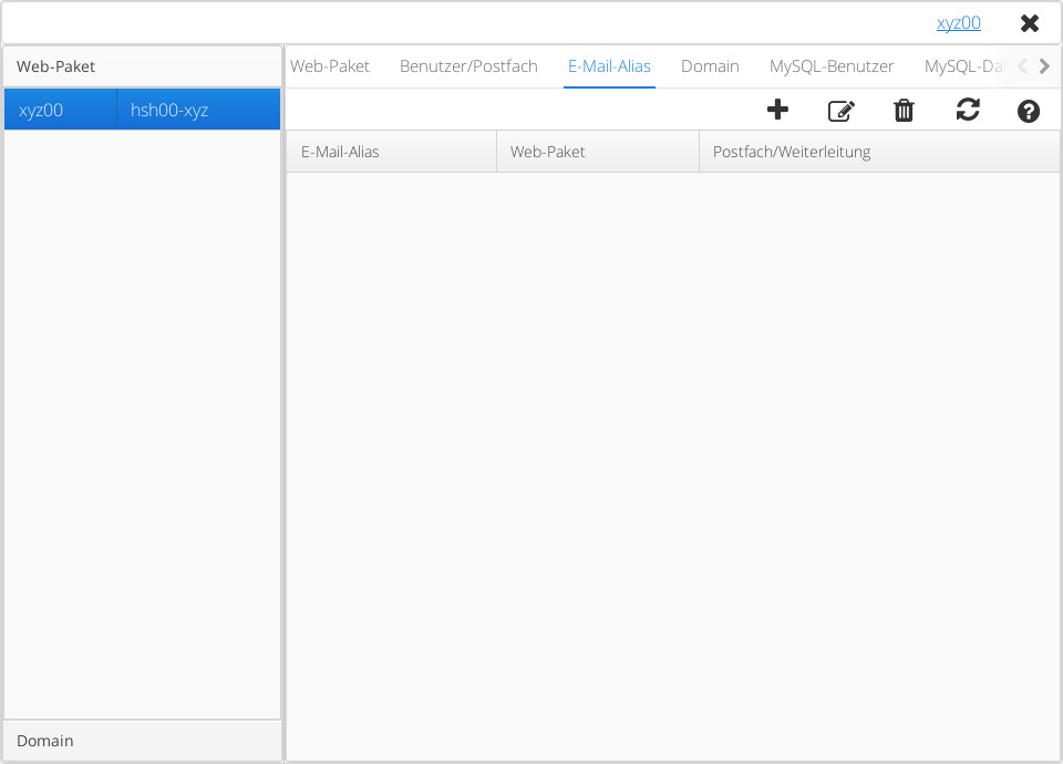Der Reiter E-Mail-Alias in HSAdmin