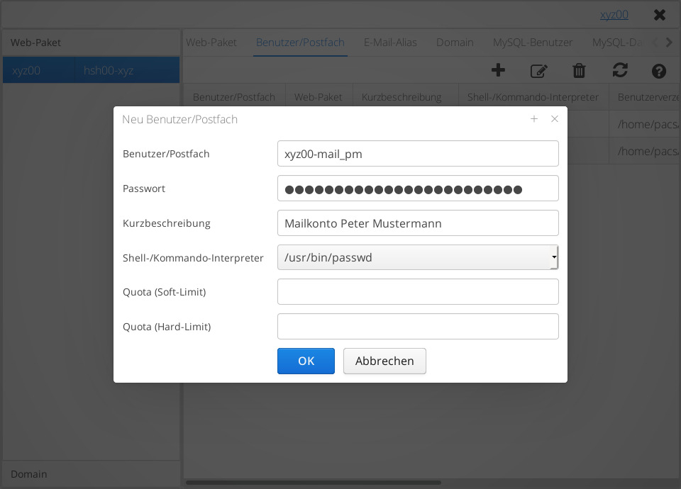 Die Angaben für ein neuesPostfach.