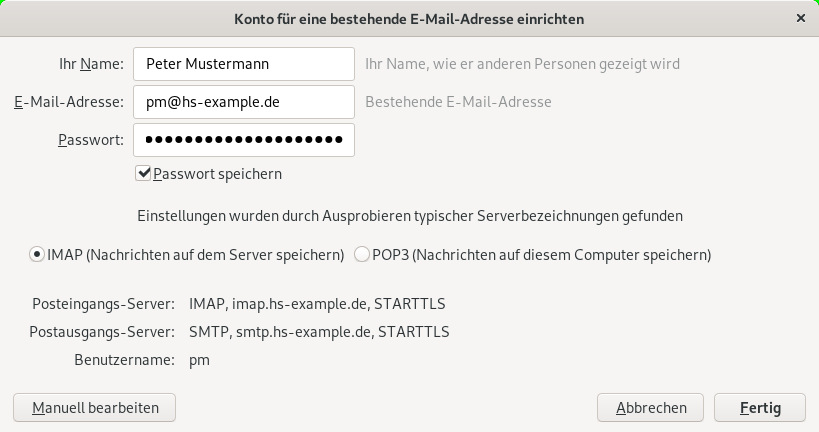 Die automatisch ermittelten Zugangsdaten