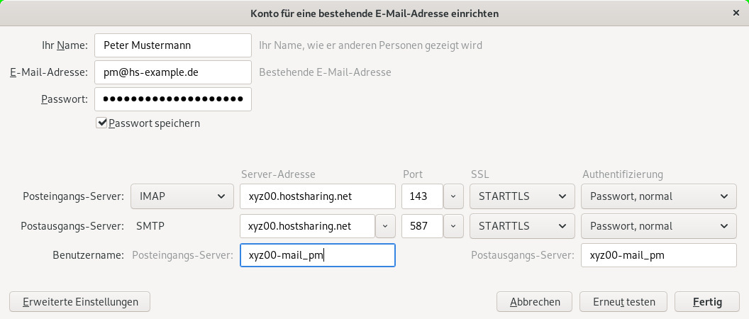 Geben Sie den Benutzernamen des E-Mail-Kontos und den richtigen Server an.