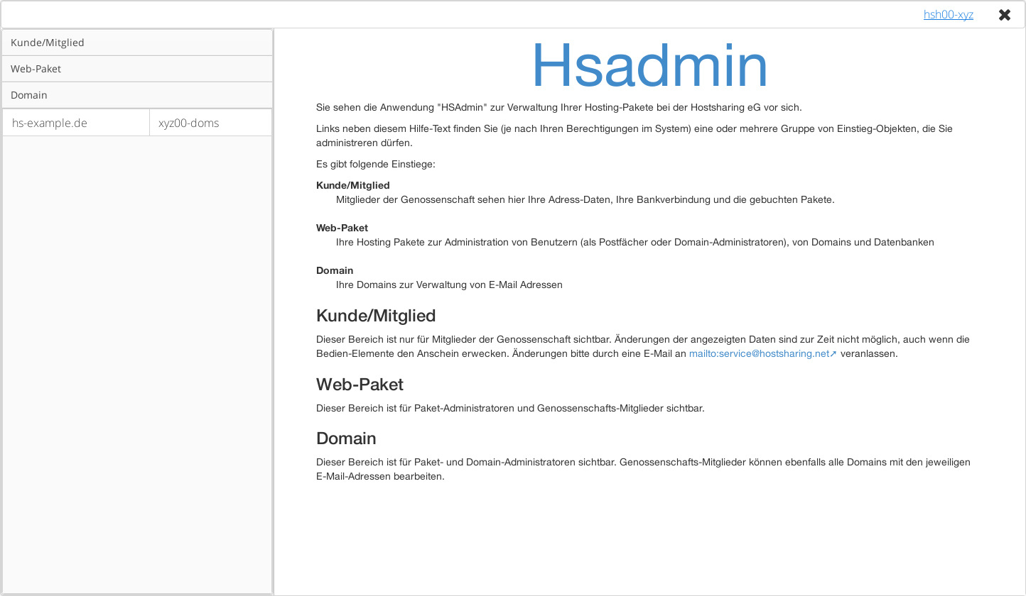 Der Begrüßungsbildschirm von HSAdmin, wenn Sie als Mitglied eingeloggtsind.
