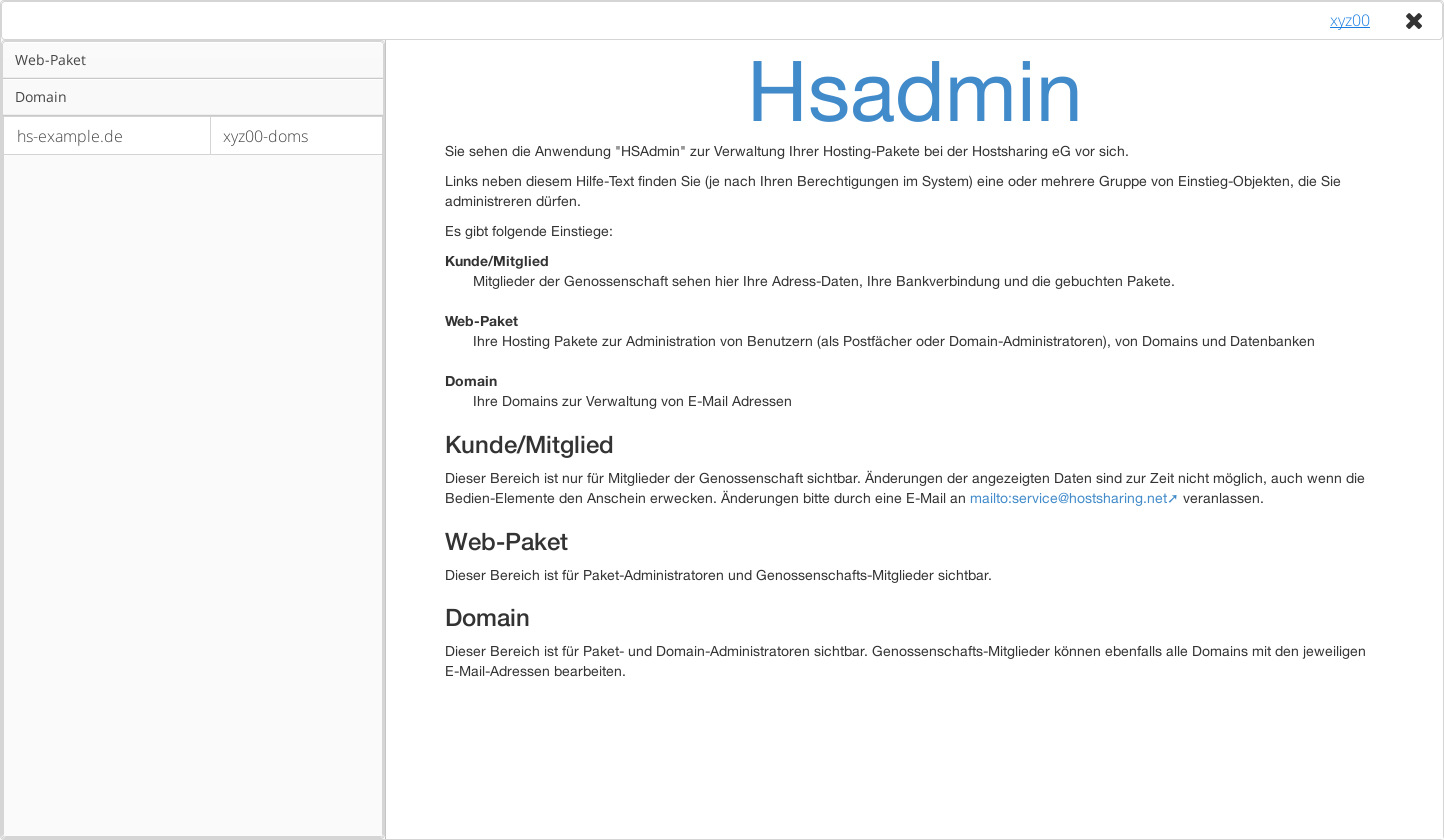 Der Startbildschirm von HSAdmin nach dem Einloggen alsPaket-Admin.