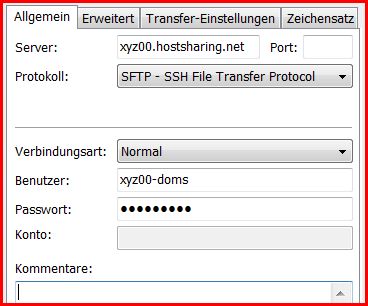 Eingabe der Zugangsdaten in Filezilla.