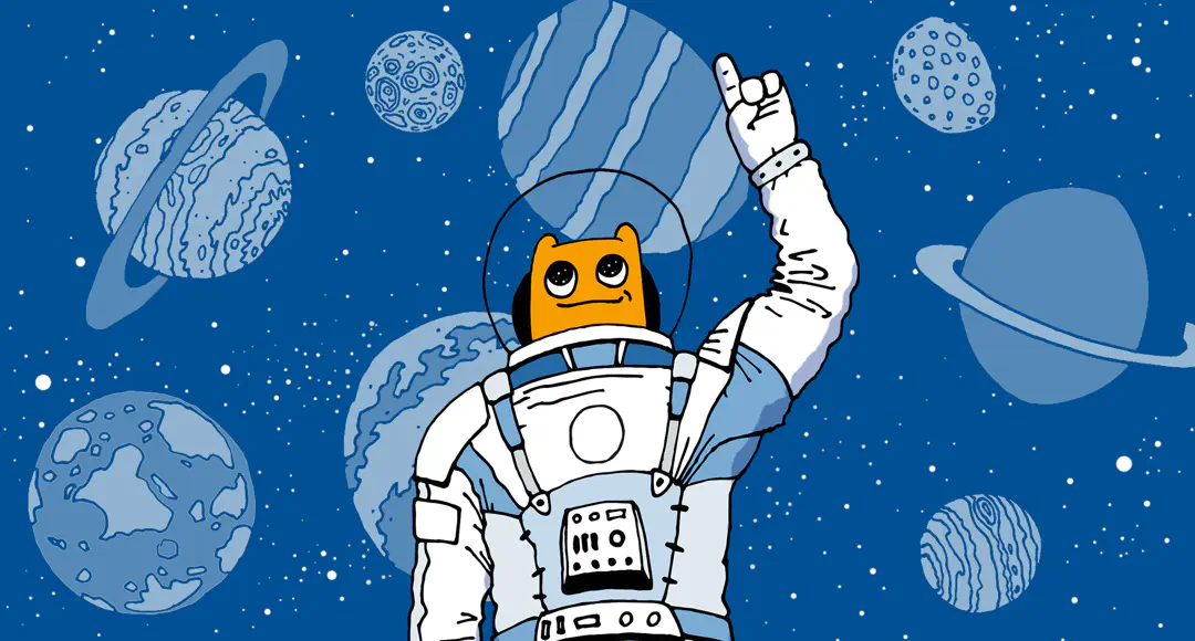 Wir alle sind Hostsharing. Hostsharing-Männchen als Astronaut hisst eine Fahne auf einem fremden Planeten.