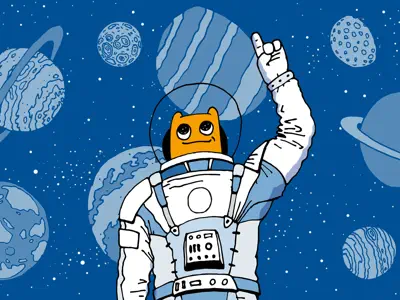 Hostsharing-Männchen als Astronaut hisst eine Fahne auf einem fremden Planeten.