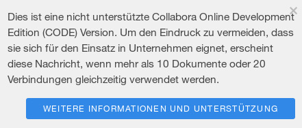 Collabora Online Development Edition Warnung, dass CODE nicht für den Unternehmenseinsatz geeignet ist