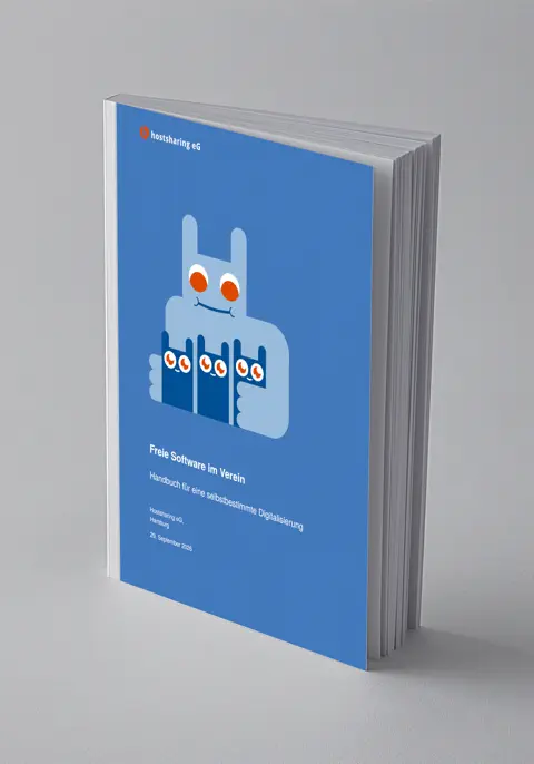 Blaue Broschüre. Das Hostsharing-Maskottchen hält drei kleine Maskottchen im Arm.