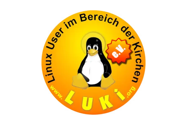 Orangefarbene Plakette mit Tux-Maskottchen in der Mitte