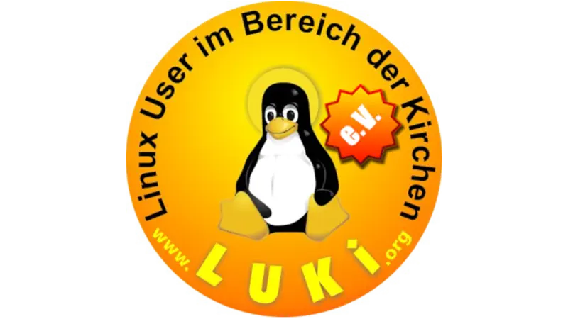 Orangefarbene Plakette mit Tux-Maskottchen in der Mitte