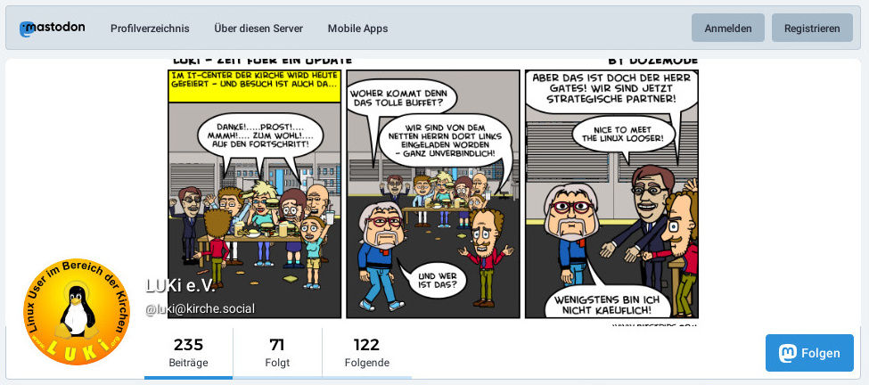 Comic, der die Beziehung zwischen Bill Gates und Linux thematisiert.