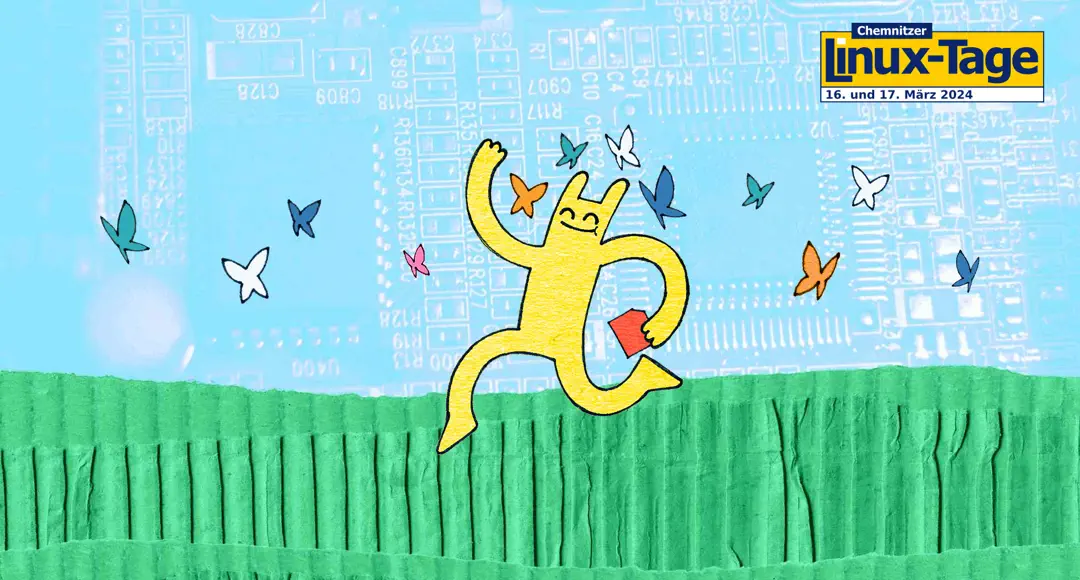 Das Hostsharing-Maskottchen springt über eine Wiese und wird von Schmetterlingen umschwärmt. Rechts oben ist das Logo der Chemnitzer Linux-Tage zu sehen.