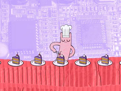 Hostsharing-Maskottchen mit Konditormütze setzt krönt aufgereihte Tortenstücke mit einer Kirsche.