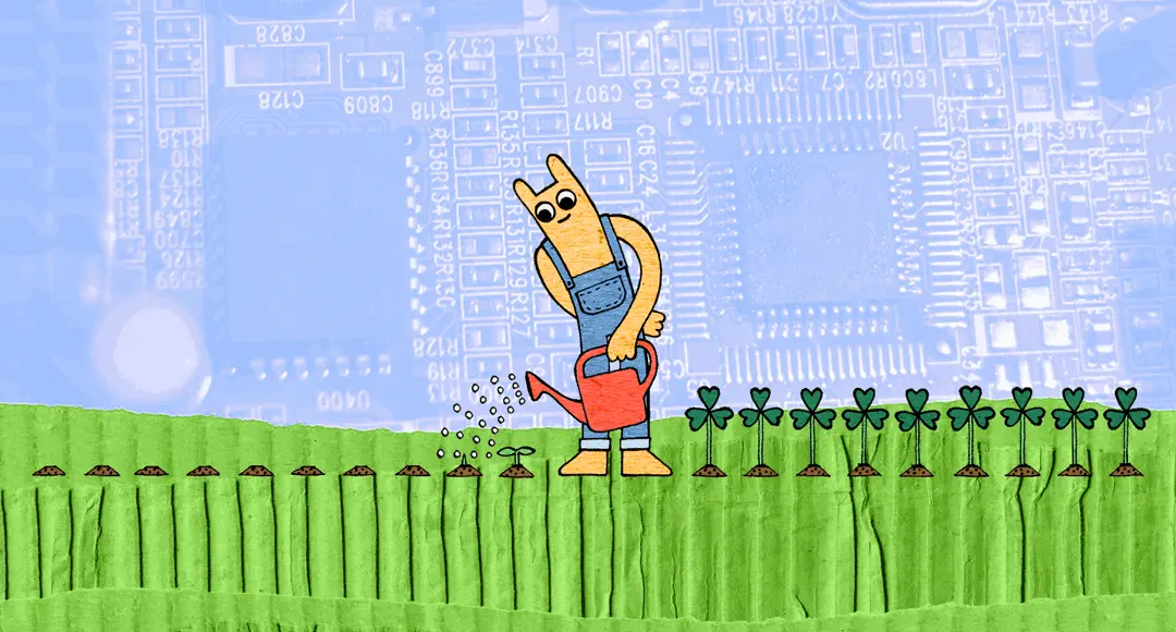 Hostsharing-Maskottchen gießt Kleepflänzchen, die daraufhin gut wachsen.