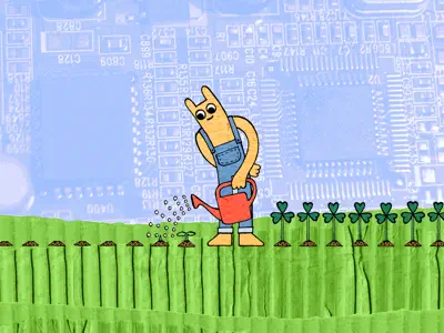 Hostsharing-Maskottchen gießt Kleepflänzchen, die daraufhin gut wachsen.