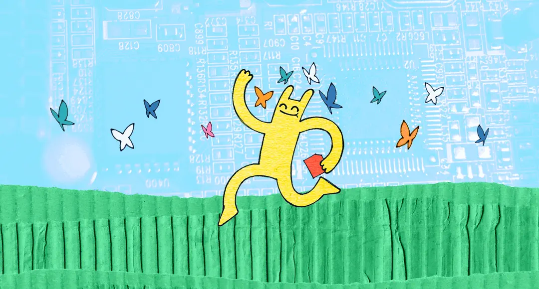 Hostsharing-Maskottchen springt froh zwischen Schmetterlingen einher.